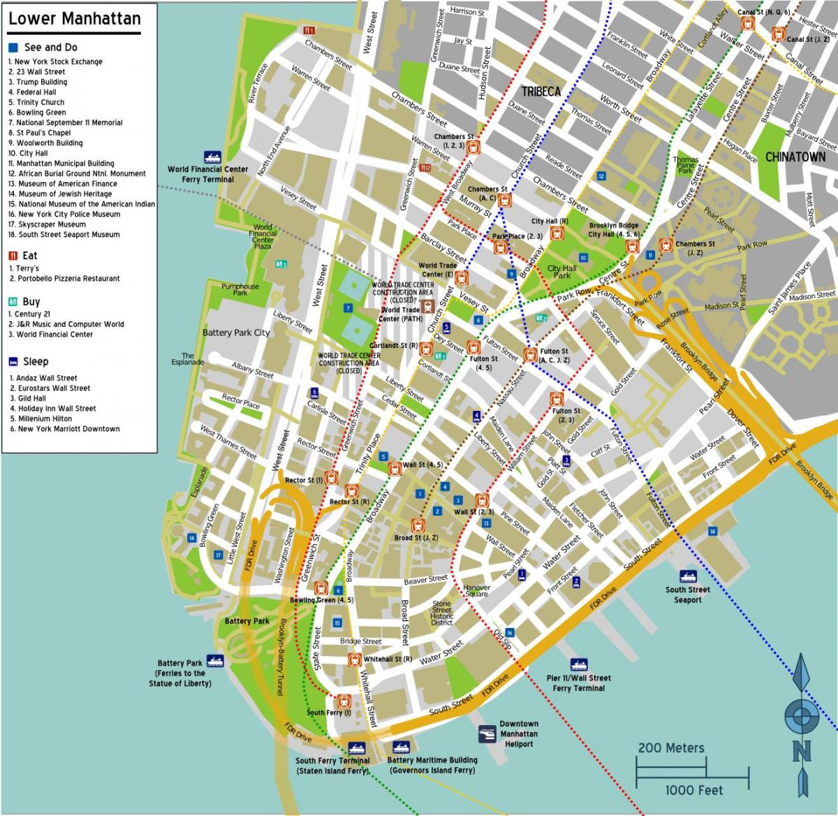 karte zemākas Manhattan, ar ielu nosaukumiem