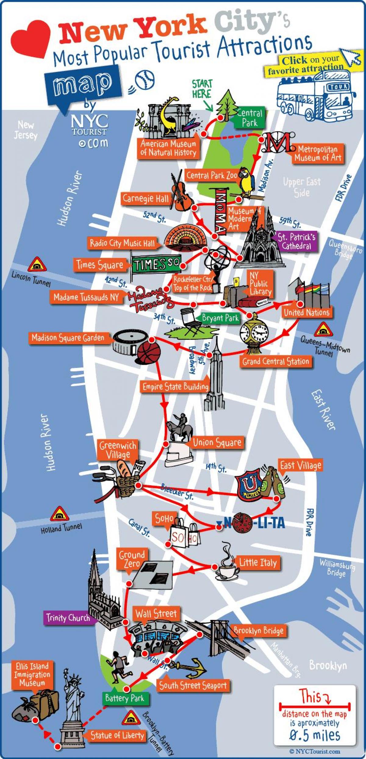 karte Manhattan, New York atrakcijas