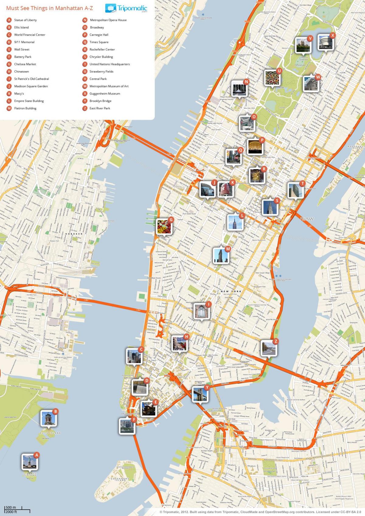 karte Manhattan, demonstrējot tūrisma objektiem